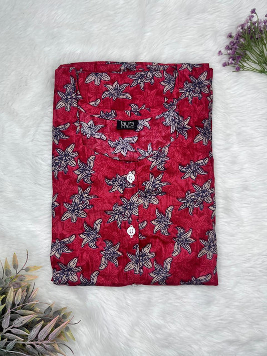Shiraz Red Printed Round Neck Pure Cotton Full Open Button Labour Room Nighty Free Size Short Sleeve (Suits for bra size 34″- 40″ | 54-56 inch length)