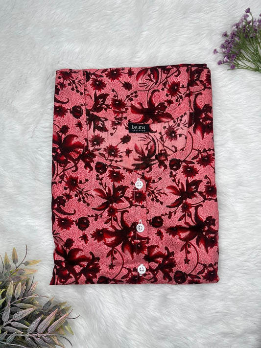 Salmon Pink Printed Round Neck Pure Cotton Full Open Button Labour Room Nighty Free Size Short Sleeve (Suits for bra size 34″- 40″ | 54-56 inch length)