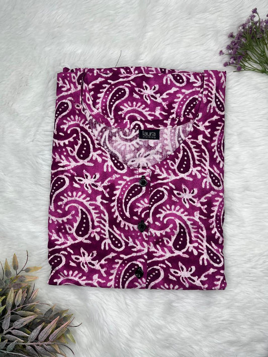 Grape Clor Printed Round Neck Pure Cotton Full Open Button Labour Room Nighty Free Size Short Sleeve (Suits for bra size 34″- 40″ | 54-56 inch length)