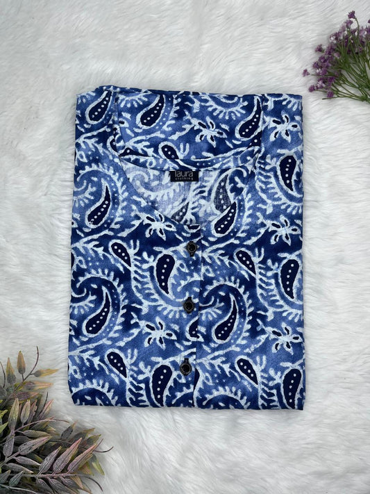 Lapis Blue Printed Round Neck Pure Cotton Full Open Button Labour Room Nighty Free Size Short Sleeve (Suits for bra size 34″- 40″ | 54-56 inch length)