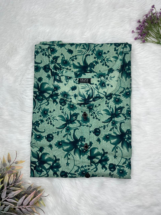 Plantation Green Printed Round Neck Pure Cotton Full Open Button Labour Room Nighty Free Size Short Sleeve (Suits for bra size 34″- 40″ | 54-56 inch length)