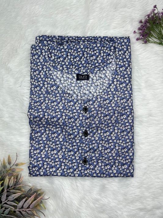 Blue Zodiac Printed Round Neck Pure Cotton Full Open Button Labour Room Nighty Free Size Short Sleeve (Suits for bra size 34″- 40″ | 54-56 inch length)