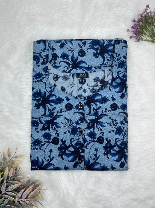 Midnight Blue Printed Round Neck Pure Cotton Full Open Button Labour Room Nighty Free Size Short Sleeve (Suits for bra size 34″- 40″ | 54-56 inch length)