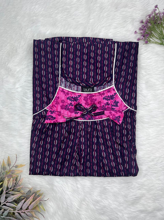 Purple Stripes Printed Square Neck No Zip Pleated Pure Cotton Nighty Free Size Short Sleeve (Suits for bra size 34″- 40″ | 54-56 inch length)