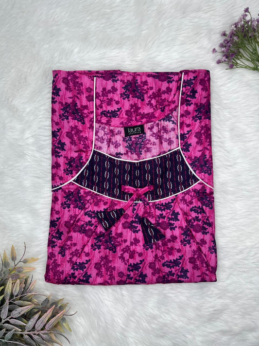 Carnation Pink Printed Square Neck No Zip Pleated Pure Cotton Nighty Free Size Short Sleeve (Suits for bra size 34″- 40″ | 54-56 inch length)