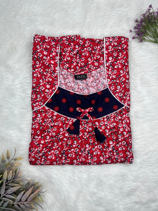 Candy Rose Printed Square Neck No Zip Pleated Pure Cotton Nighty Free Size Short Sleeve (Suits for bra size 34″- 40″ | 54-56 inch length)