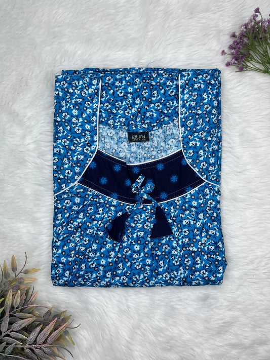 Peacock Blue Printed Square Neck No Zip Pleated Pure Cotton Nighty Free Size Short Sleeve (Suits for bra size 34″- 40″ | 54-56 inch length)