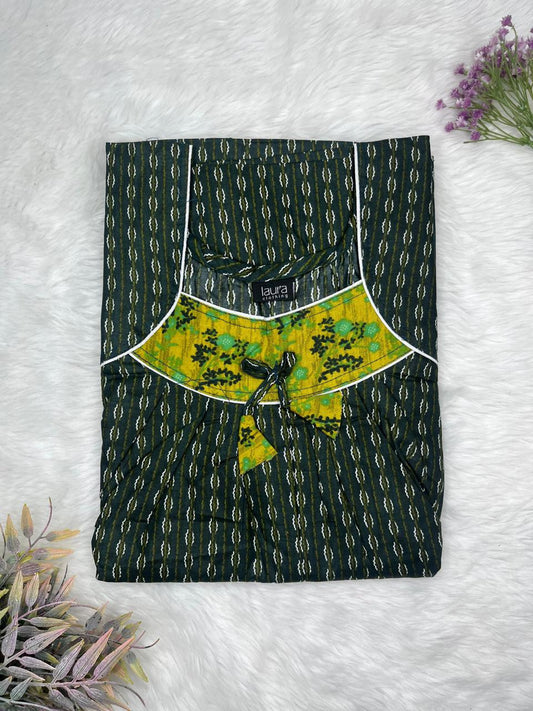 Rangoon Green Printed Square Neck No Zip Pleated Pure Cotton Nighty Free Size Short Sleeve (Suits for bra size 34″- 40″ | 54-56 inch length)