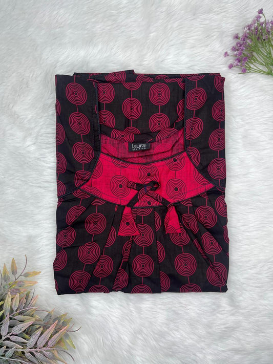 Dark Sienna Printed Square Neck No Zip Pleated Pure Cotton Nighty Free Size Short Sleeve (Suits for bra size 34″- 40″ | 54-56 inch length)