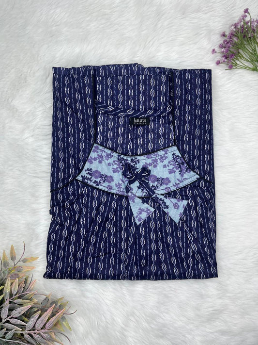 Tuna Blue Printed Square Neck No Zip Pleated Pure Cotton Nighty Free Size Short Sleeve (Suits for bra size 34″- 40″ | 54-56 inch length)