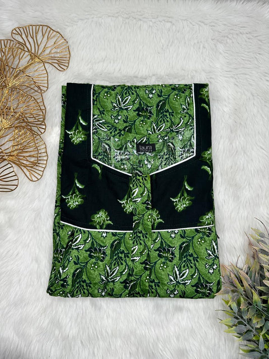 Palm Green and Cinder Printed Square Neck Pleated Pure Cotton Feeding Nighty With Two Side Vertical Zip and Single Centre Zip Free Size Short Sleeve (Suits for bra size 34″- 40″ | 54-56 inch length)