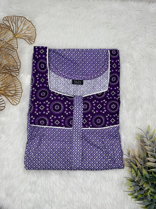 Dark and Pale Lavender Printed Mix N Match Square Neck Pleated Cotton Nighty With Centre -8″ Zip Short Sleeve Free Size (Suits for bra size 34″- 40″ | 54-56 inch length)
