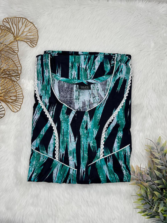 Turquois Green Printed Round Neck Centre Long 12" Zip Pure Cotton Feeding Nighty Free Size Short Sleeve (Suits for bra size 34″- 40″ | 54-56 inch length)