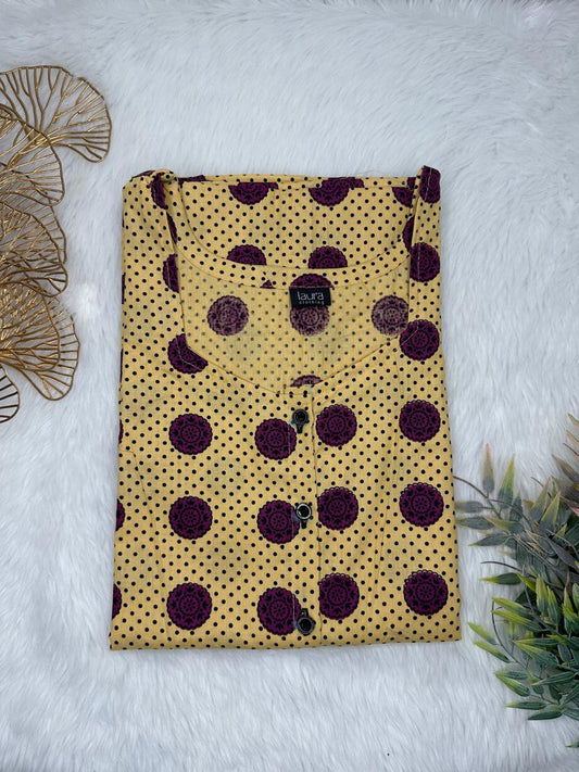 Sandy Cream With Purple Dots Printed Square Neck Pure Cotton Full Open Button Labour Room Nighty Free Size Short Sleeve (Suits for bra size 34″- 40″ | 54-56 inch length)