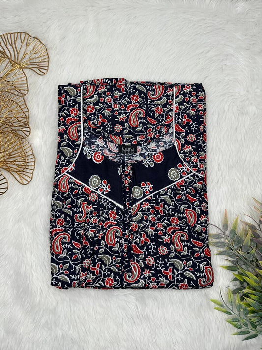 Star Dust Floral Cinder Printed Square Neck Pleated Zip Pure Cotton Nighty Free Size Short Sleeve (Suits for bra size 34″- 40″ | 54-56 inch length)