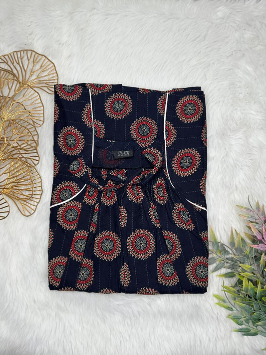 Rangoon Pearl Mirage Printed Pure Cotton Square Neck Elastic Pleated Nighty Free Size Short Sleeve (Suits for bra size 34″- 40″ | 54-56 inch length)