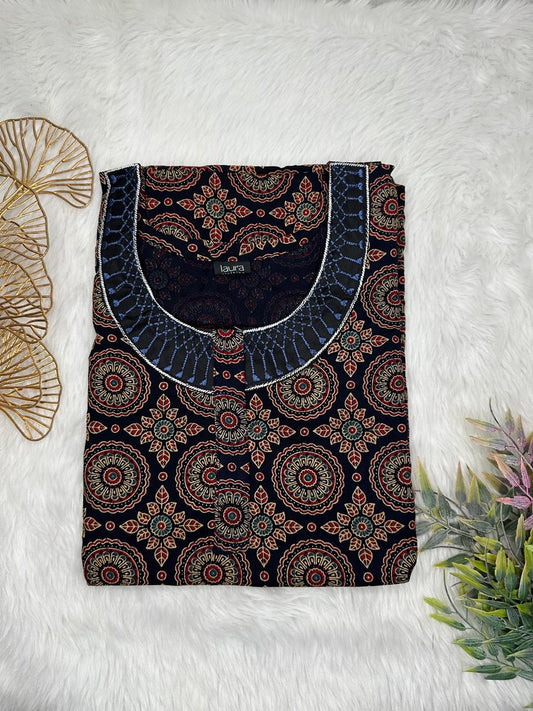 Cinder Charcol kalamkari Printed Normal Zip Pure Cotton Matching Neck Embroidery Feeding Nighty Free Size Short Sleeve (Suits for bra size 34″- 40″ | 54-56 inch length)