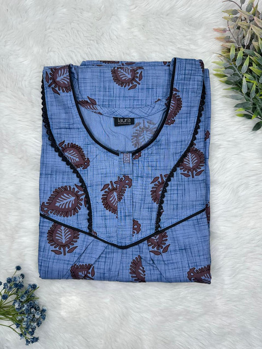 Havelock Blue Leaf Printed Round Neck Normal Zip Pure Cotton Nighty Free Size Short Sleeve (Suits for bra size 34″- 40″ | 54-56 inch length)
