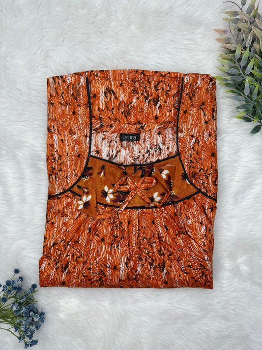 Peach brown Printed Square Neck No Zip Pleated Pure Cotton Nighty Free Size Short Sleeve (Suits for bra size 34″- 40″ | 54-56 inch length)