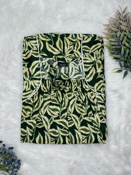 Black olive and Hazel Printed Pure Cotton Square Neck Elastic Pleated Nighty Free Size Short Sleeve (Suits for bra size 34″- 40″ | 54-56 inch length)