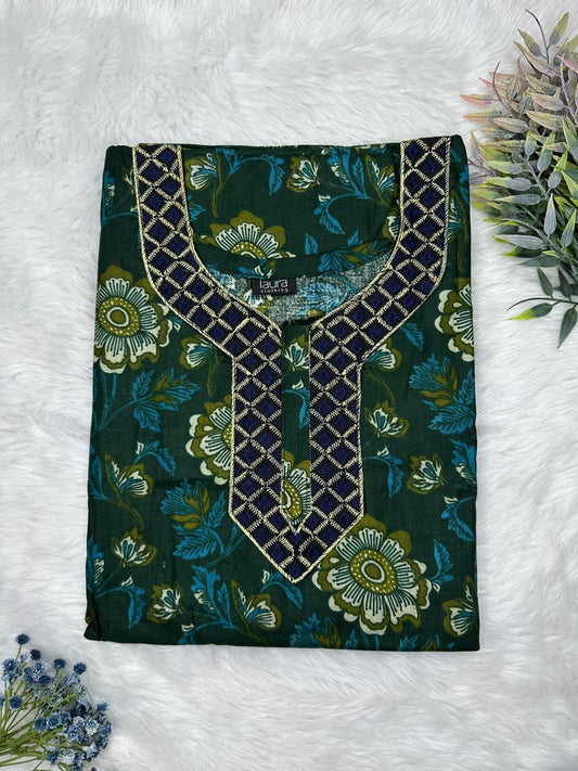 Timber Green Printed Normal Zip Embroidery Neck Pure Cotton Maternity Nighty Plus Size Short Sleeve (Suits for bra size 40″- 46″ | 54-56 inch length)