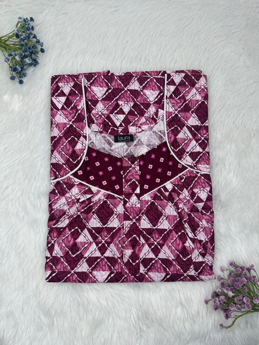 Velvet Tulip Pink Printed Square Neck Pleated Zip Pure Cotton Nighty Free Size Short Sleeve (Suits for bra size 34″- 40″ | 54-56 inch length)