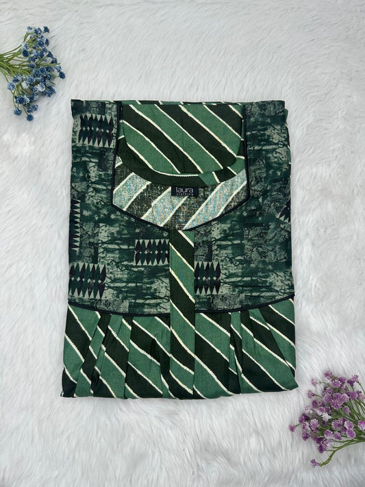 Cactus Green and Black Printed Mix N Match Square Neck Pleated Cotton Nighty With Centre -8″ Zip Short Sleeve Free Size (Suits for bra size 34″- 40″ | 54-56 inch length )