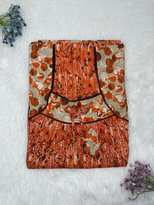 Dusty Terracotta Orange Printed Front and Back Pleated Pure Cotton Nighty Free Size Short Sleeve (Suits for bra size 34″- 40″ | 54-56 inch length)