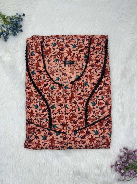 Mauve Taupe Printed Round Neck Centre Long 12" Zip Pure Cotton Feeding Nighty Free Size Short Sleeve (Suits for bra size 34″- 40″ | 54-56 inch length)