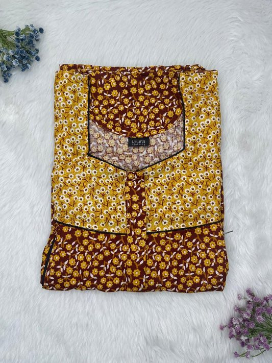 Almond Bean and Brown Printed Square Neck Pleated Pure Cotton Feeding Nighty With Two Side Vertical Zip and Single Centre Zip Free Size Short Sleeve (Suits for bra size 34″- 40″ | 54-56 inch length)