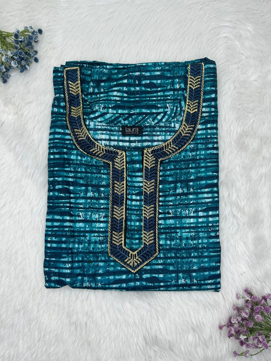 Deep Aqua Blue Printed Normal Zip Pure Cotton Matching Neck Embroidery Nighty Free Size Short Sleeve (Suits for bra size 34″- 40″ | 54-56 inch length)