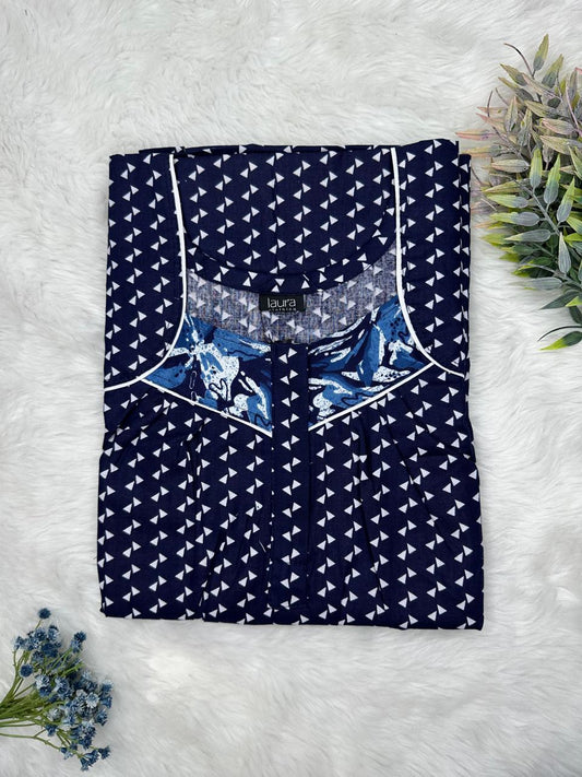 Ebony Navy Blue Printed Square Neck Pleated Zip Pure Cotton Nighty Free Size Short Sleeve (Suits for bra size 34″- 40″ | 54-56 inch length)