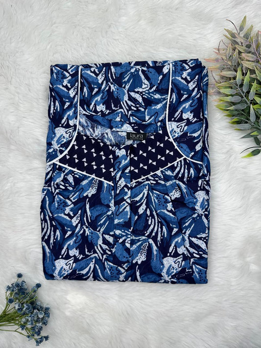 Marine Prussian Blue Printed Square Neck Pleated Zip Pure Cotton Nighty Free Size Short Sleeve (Suits for bra size 34″- 40″ | 54-56 inch length)
