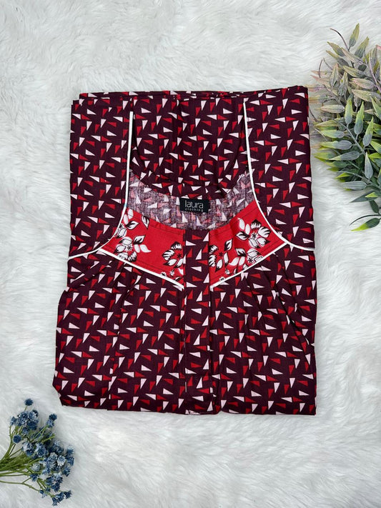 Brick Stone Brown Printed Square Neck Pleated Zip Pure Cotton Nighty Free Size Short Sleeve (Suits for bra size 34″- 40″ | 54-56 inch length)