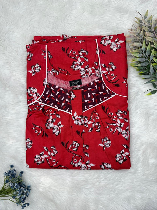 Pepper Red Printed Square Neck Pleated Zip Pure Cotton Nighty Free Size Short Sleeve (Suits for bra size 34″- 40″ | 54-56 inch length)