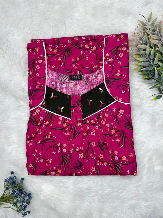 Rose Bud Cherry Printed Square Neck Pleated Zip Pure Cotton Nighty Free Size Short Sleeve (Suits for bra size 34″- 40″ | 54-56 inch length)