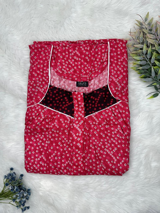 Pale carmine dots Printed Square Neck Pleated Zip Pure Cotton Nighty Free Size Short Sleeve (Suits for bra size 34″- 40″ | 54-56 inch length)