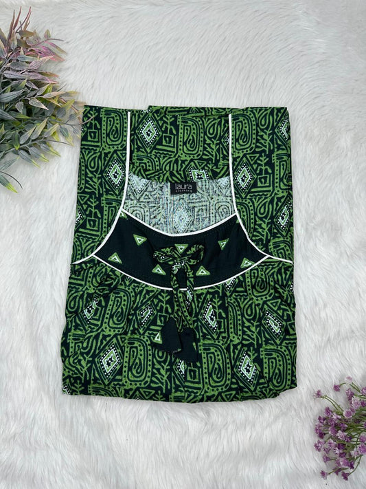 Cinder Green Printed Square Neck No Zip Pleated Pure Cotton Nighty Free Size Short Sleeve (Suits for bra size 34″- 40″ | 54-56 inch length)