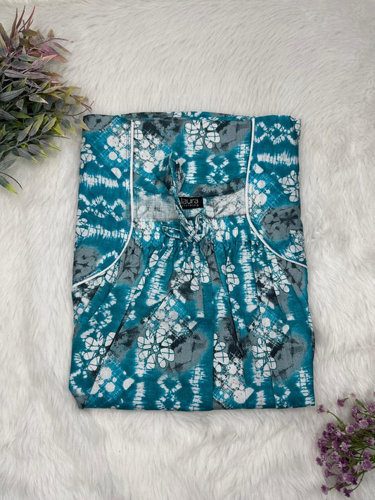 Muted Blue Printed Cotton Square Neck Elastic Pleated Nighty Free Size Short Sleeve (Suits for bra size 34″- 40″ | 54-56 inch length)