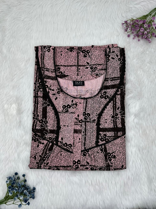 Almond Frost Printed Round Neck Centre Long 12" Zip Pure Cotton Feeding Nighty Free Size Short Sleeve (Suits for bra size 34″- 40″ | 54-56 inch length)