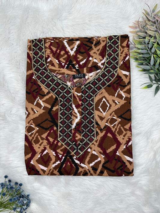 Caput Mortuum Printed Normal Zip Embroidery Neck Pure Cotton Maternity Nighty Plus Size Short Sleeve (Suits for bra size 40″- 46″ | 54-56 inch length)