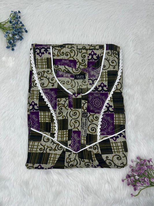 Grullo and Rifle Green Printed Round Neck Normal Zip Pure Cotton Nighty Free Size Short Sleeve (Suits for bra size 34″- 40″ | 54-56 inch length)