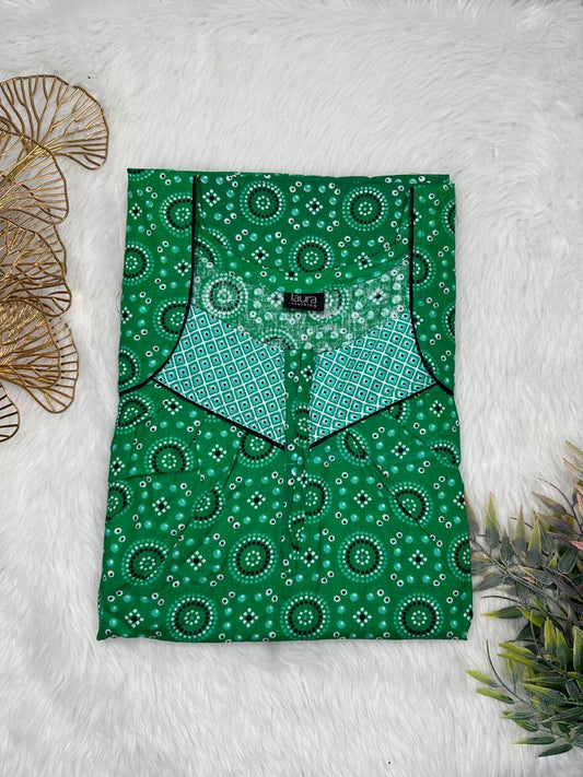 Dark Spring Green Printed Square Neck Pleated Zip Pure Cotton Nighty Free Size Short Sleeve (Suits for bra size 34″- 40″ | 54-56 inch length)