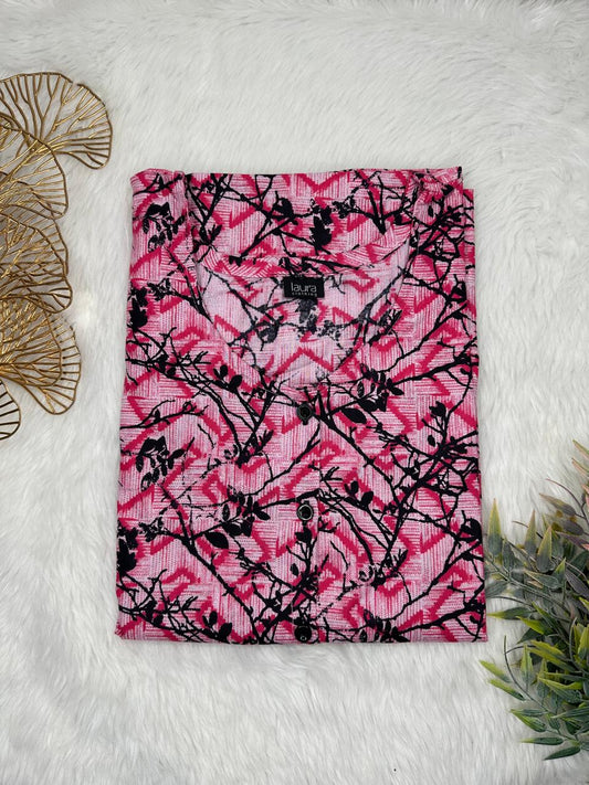 Pink Pearl and Bright Maroon Printed Round Neck Pure Cotton Full Open Button Labour Room Nighty Free Size Short Sleeve (Suits for bra size 34″- 40″ | 54-56 inch length)