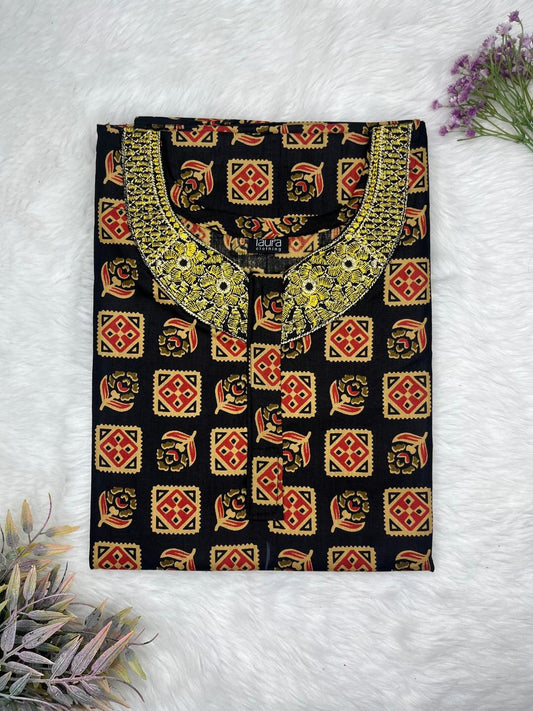 Onyx and Lion Printed Normal Zip Pure Cotton Matching Neck Embroidery Nighty Free Size Short Sleeve (Suits for bra size 34″- 40″ | 54-56 inch length)