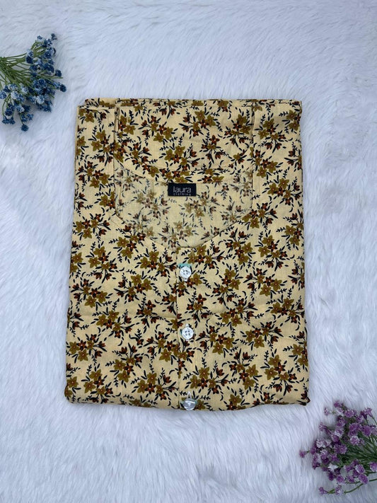 Ecru Printed Round Neck Pure Cotton Full Open Button Labour Room Nighty Free Size Short Sleeve (Suits for bra size 34″- 40″ | 54-56 inch length)