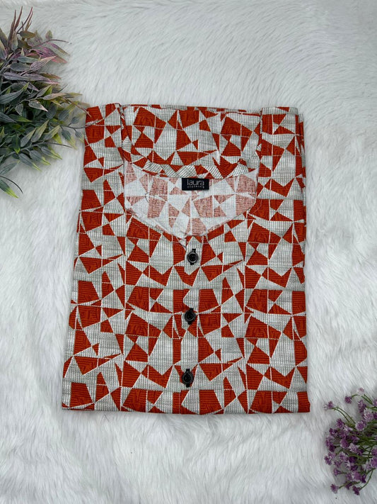 Dark Red and Ash Grey Printed Round Neck Pure Cotton Full Open Button Labour Room Nighty Free Size Short Sleeve (Suits for bra size 34″- 40″ | 54-56 inch length)