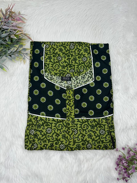 Olive Drab and Onyx Printed Square Neck Pleated Pure Cotton Feeding Nighty With Two Side Vertical Zip and Single Centre Zip Free Size Short Sleeve (Suits for bra size 34″- 40″ | 54-56 inch length)