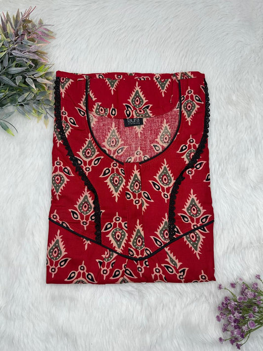 Falu Red Printed Round Neck Normal Zip Pure Cotton Nighty Free Size Short Sleeve (Suits for bra size 34″- 40″ | 54-56 inch length)