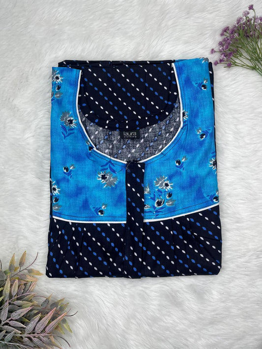 Tufts Blue and Onyx Printed Mix N Match Square Neck Pleated Cotton Nighty With Centre -8″ Zip Short Sleeve Free Size (Suits for bra size 34″- 40″ | 54-56 inch length)